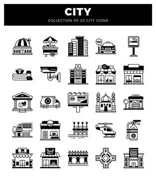 Vector Icon Collection of City Buildings. Transportation. and Landmarks Ilustración de archivo