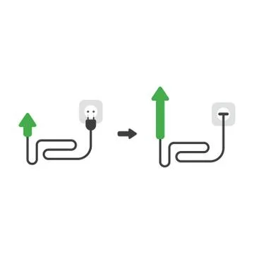 Vector icon concept of arrow with cable, plug and plugged into outlet and mov Stock Illustration