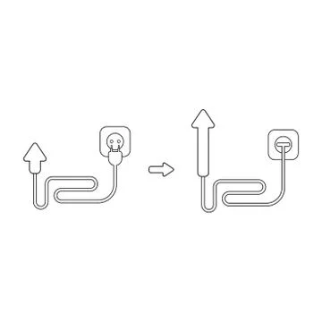 Vector icon concept of arrow with cable, plug and plugged into outlet and up. Stock Illustration