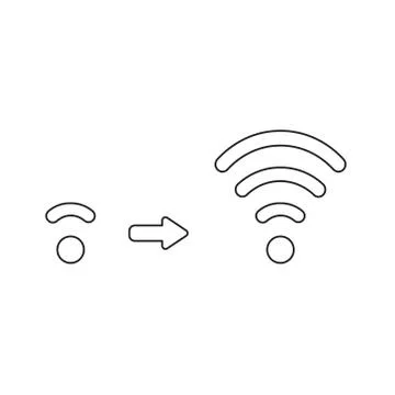 Vector icon concept of boost wifi signal low to high. Black outline. Stock Illustration