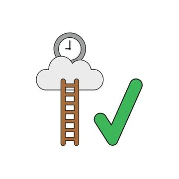 Vector icon concept of clock time on cloud with wooden ladder and check mark. Illustrazione stock