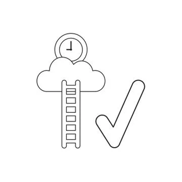 Vector icon concept of clock time on cloud with wooden ladder and check mark. Illustrazione stock