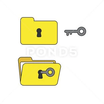 Vector icon concept of closed and open folders with keyhole and key unlock. Stock Illustration