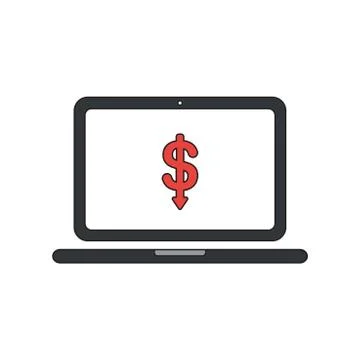 Vector icon concept of dollar arrow moving down inside laptop computer. Stockillustratie