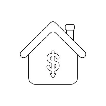Vector icon concept of dollar arrow moving down inside house. 库存插图