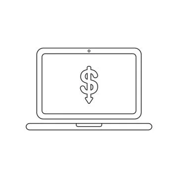 Vector icon concept of dollar arrow moving down inside laptop computer. Stock Illustration