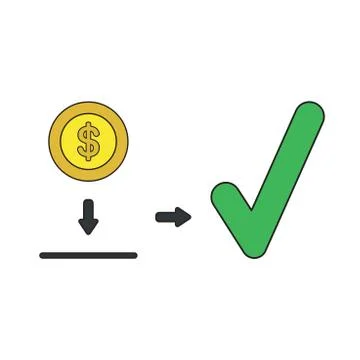 Vector icon concept of dollar coin inside moneybox hole and check mark. Illustrazione stock