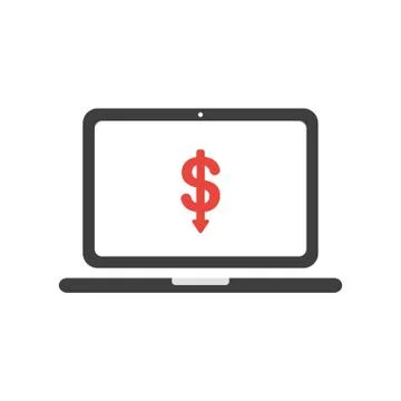 Vector icon concept of dollar symbol arrow moving down inside laptop computer Stock Illustration