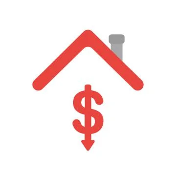 Vector icon concept of dollar symbol arrow moving down under house roof Stock Illustration
