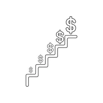 Vector icon concept of dollar symbol growing on stairs. Black outline. Stock Illustration