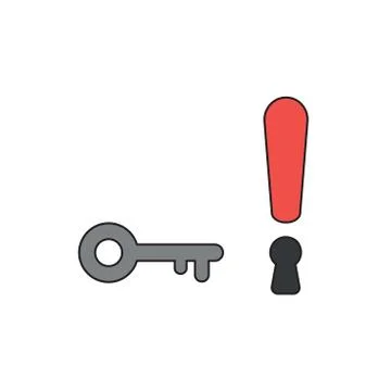 Vector icon concept of exclamation mark with keyhole and key. Black outlines  Stock Illustration