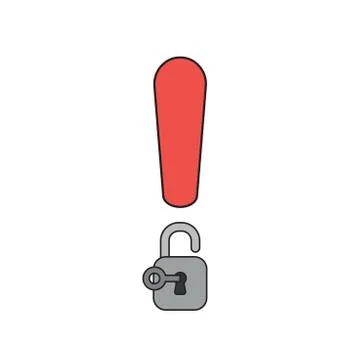 Vector icon concept of exclamation mark with padlock and key opened. Stock-Illustration