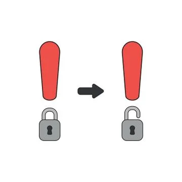 Vector icon concept of exclamation mark and padlock and key unlock. Stock Illustration