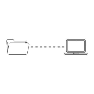 Vector icon concept of file transfer between folder and laptop. Black outline 스톡 일러스트