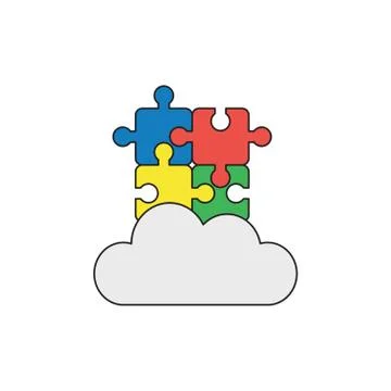 Vector icon concept of four connected puzzle pieces on cloud. Black outlines  스톡 일러스트