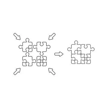 Vector icon concept of four part puzzle pieces connected. Black outline. Illustrazione stock