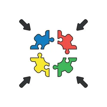 Vector icon concept of four part jigsaw puzzle gear pieces connect. Illustrazione stock