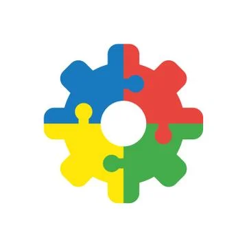Vector icon concept of four pieces jigsaw puzzle pieces gear connected Stock Illustration