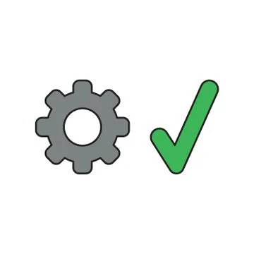 Vector icon concept of gear with check mark. Black outlines and colored. Stock Illustration