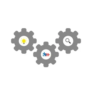 Vector icon concept of gears with light bulb, connected puzzle pieces and mag Stock Illustration
