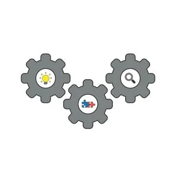 Vector icon concept of gears with light bulb, puzzle pieces and magnifying gl Stock Illustration