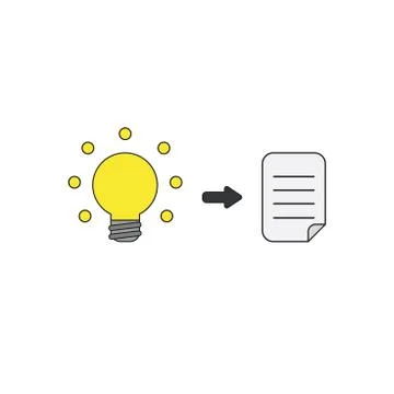 Vector icon concept of glowing light bulb and written paper. Black outlines a Stock Illustration