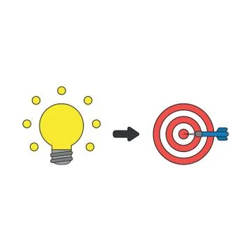 Vector icon concept of glowing light bulb, bulls eye and dart in the center. Stock Illustration
