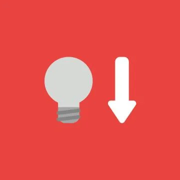 Vector icon concept of grey light bulb with arrow moving down on red backgrou Illustrazione stock