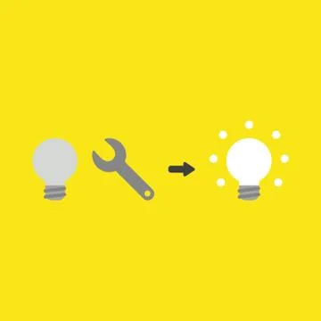 Vector icon concept of grey light bulb, spanner and glowing on yellow backgro 스톡 일러스트
