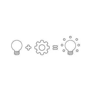 Vector icon concept of grey light bulb idea plus gear equals glowing light bu Illustrazione stock