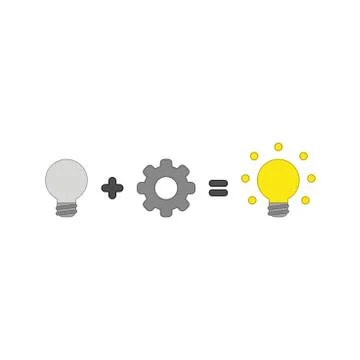 Vector icon concept of grey light bulb idea plus gear equals glowing light bu Illustrazione stock