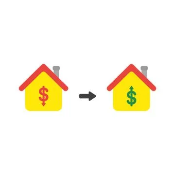 Vector icon concept of house with dollar money symbols and arrows moving down Stock Illustration