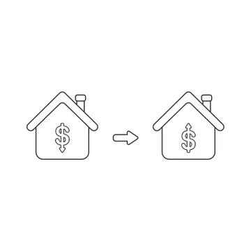 Vector icon concept of house with dollar symbols and arrows moving down and u Stock Illustration