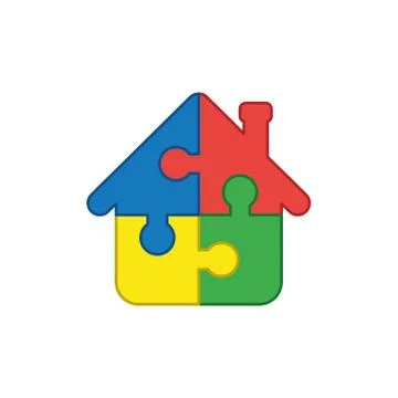 Vector icon concept of house shape four puzzle pieces connected. Stock Illustration