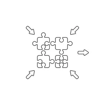 Vector icon concept of jigsaw puzzle pieces connecting. Black outline. Stock Illustration