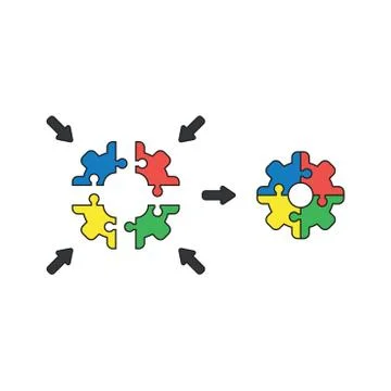 Vector icon concept of jigsaw puzzle pieces shaped gear connected. Black outl Illustrazione stock