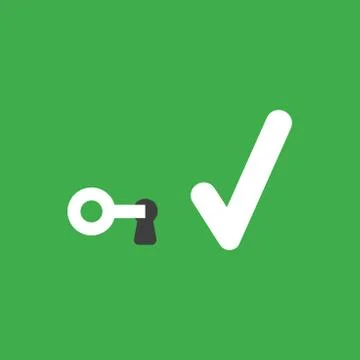 Vector icon concept of key into keyhole with check mark on green background Illustrazione stock