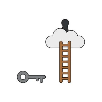 Vector icon concept of key reach keyhole on cloud with wooden ladder. Black o Ilustración de archivo