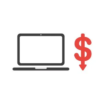 Vector icon concept of laptop computer with dollar symbol arrow moving down Stock Illustration
