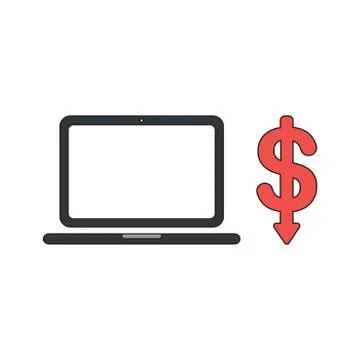Vector icon concept of laptop computer with dollar symbol arrow down. 스톡 일러스트