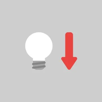 Vector icon concept of light bulb with arrow moving down on grey background Illustrazione stock