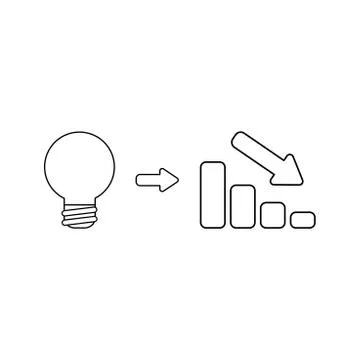 Vector icon concept of light bulb idea with sales bar chart moving down. Blac Stock Illustration