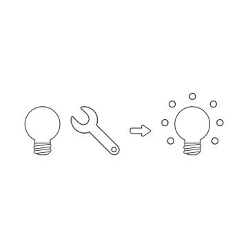 Vector icon concept of light bulb with spanner and light bulb glowing. Black  Stock Illustration