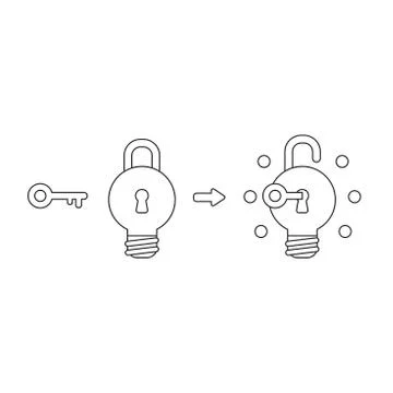 Vector icon concept of light bulb padlock with key into keyhole and glowing. Illustrazione stock