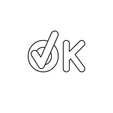 Vector icon concept of ok word text with check mark. Black outline. Illustrazione stock