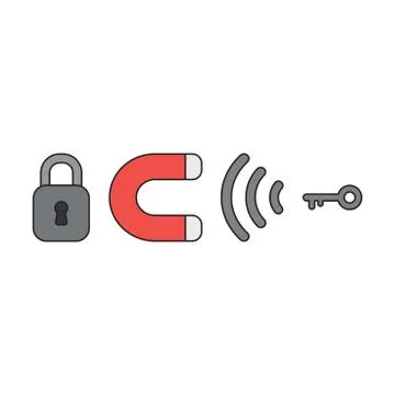 Vector icon concept of padlock with magnet attracting key to unlock. Black ou Stock Illustration