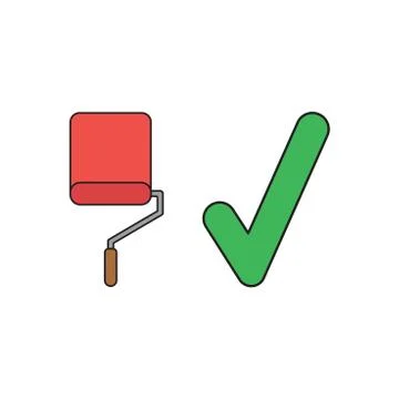 Vector icon concept of paint roller brush with check mark. Black outlines and Stock Illustration