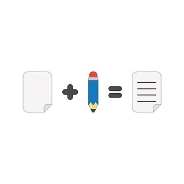 Vector icon concept of paper plus pencil equals written paper. Stock Illustration