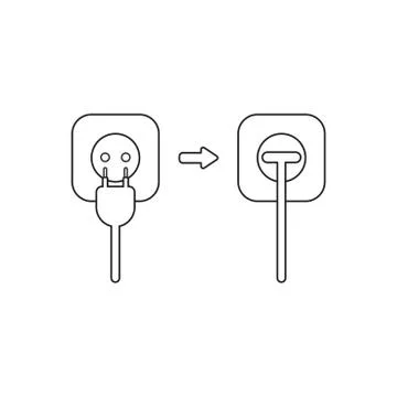 Vector icon concept of plug and outlet, plugged into outlet. Black outline. 스톡 일러스트