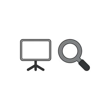 Vector icon concept of presentation chart with magnifying glass. Black outlin Illustrazione stock